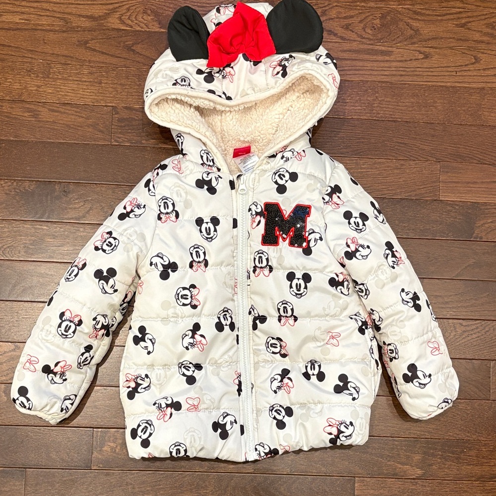 Disney Minnie Mouse Puffer Jacket Girls Coat 4T Hooded Sherpa Lined
